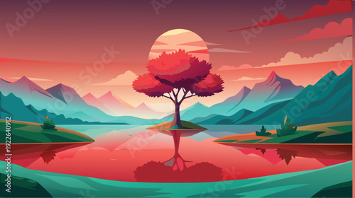 Serene twilight over a mountain lake with floating island
