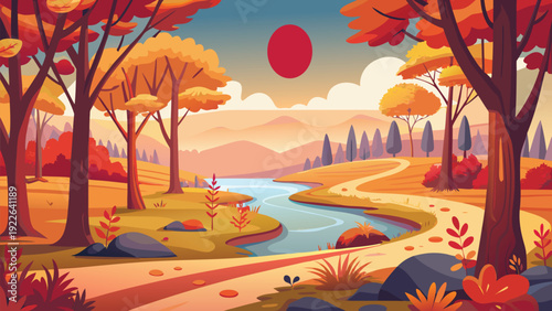 Autumn’s serene path along a tranquil riverside with a mysterious red moon