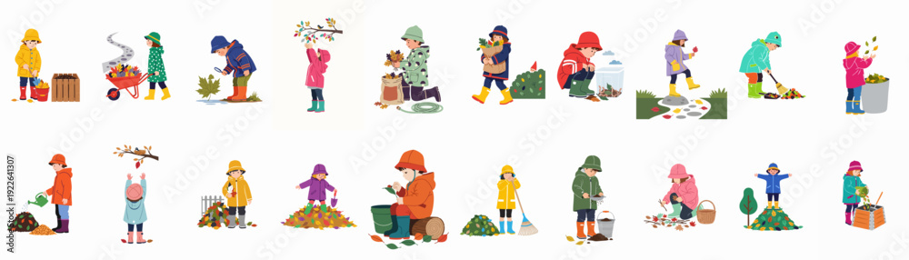 Fototapeta premium Happy children engage in diverse fall activities, from leaf collection to nature exploration and composting.