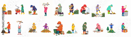 Happy children engage in diverse fall activities, from leaf collection to nature exploration and composting.