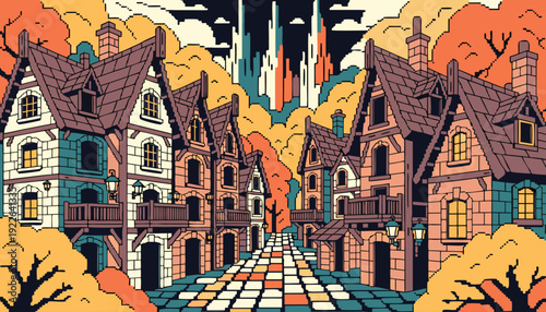 Pixel Art Medieval Fantasy Town Street Background Vector