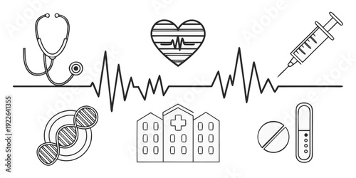 Medical Icons and Heartbeat Line A Representation of Healthcare and Science Concepts