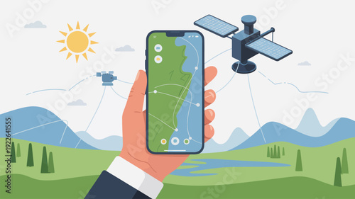 Hand holding smartphone with GPS navigation map.