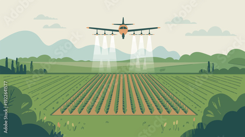 Crop Duster Plane Flying Over Agricultural Field.