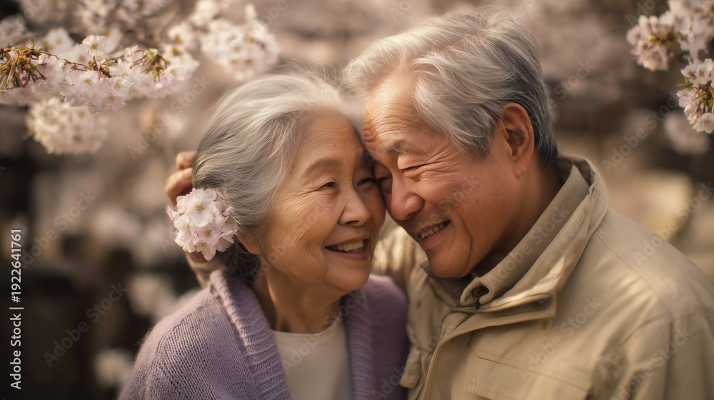 Obraz premium Elderly couple enjoying Hirosaki Cherry Blossom Festival in Japan