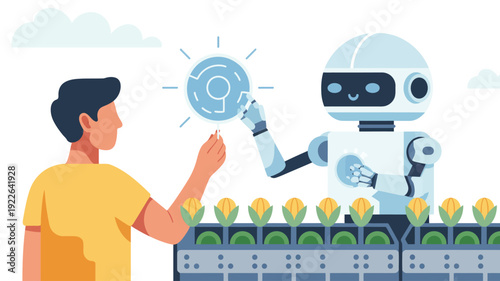 Man Interacting with Robot and Light Bulb.