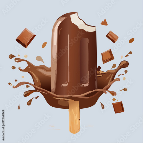 Chocolate Ice Cream Popsicle with Melting Chocolate Sauce and Chocolate Cubes.