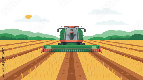 Green Combine Harvester in Golden Field.