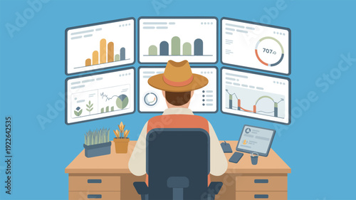 Man in Hat Analyzing Data on Screens.