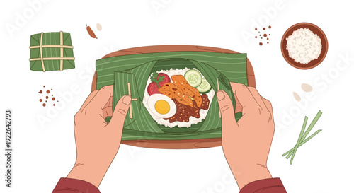 Top View of Hands Opening Traditional Nasi Lemak Wrapped in Banana Leaf with Egg and Sambal