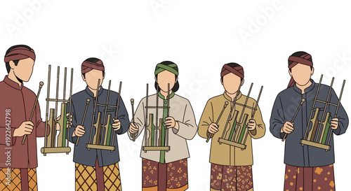 Group of Indonesian Musicians in Traditional Javanese Attire Playing Angklung Bamboo Instruments on White Background