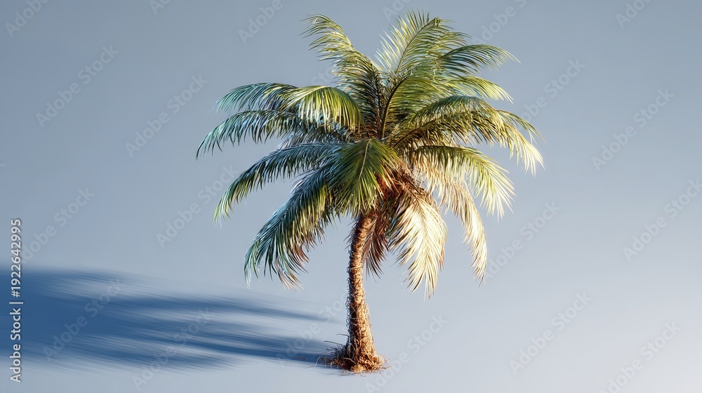 Obraz premium A lone palm tree stands against a clear blue sky with its shadow cast on the ground