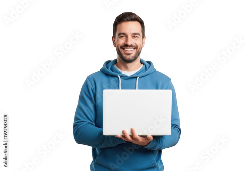 Man in blue hoodie holding a white laptop computer