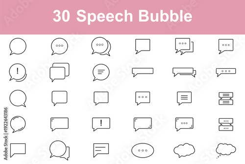 Speech bubble line icon set. Set of 30 outline icons related to speech, bubble, dialogue, message, chat, talk, comic and others. Editable stroke. Vector illustration. Speech Bubble Pack Templates set