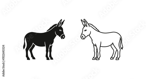 Two different colored donkeys standing side by side, black and white illustration Vector
