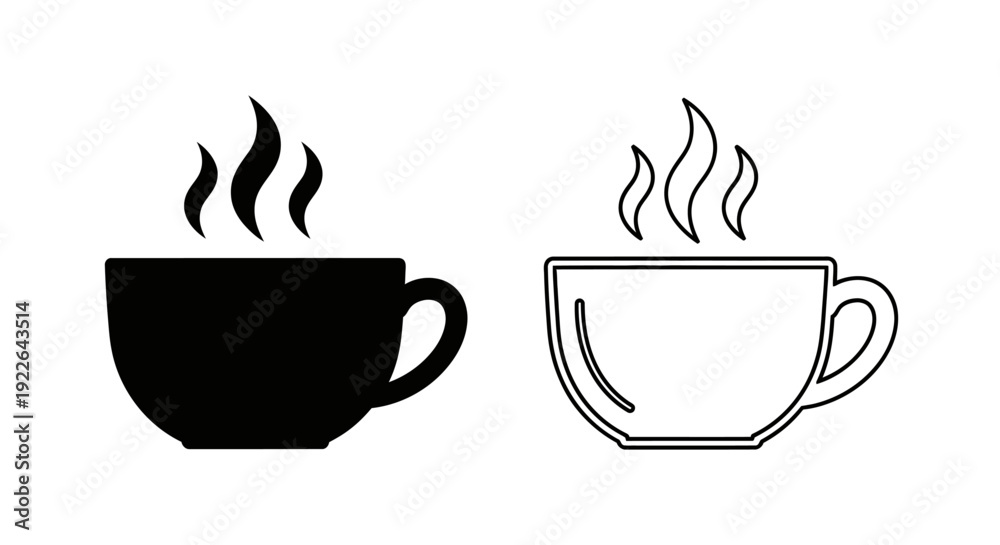 Obraz premium Coffee cups with steam illustration, hot beverage icons, drink symbols, black and white Vector