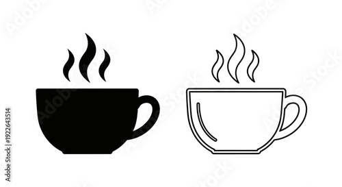 Coffee cups with steam illustration, hot beverage icons, drink symbols, black and white Vector