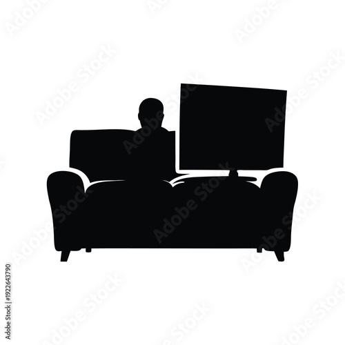 Person watching television at home, a shadowy silhouette scene in black