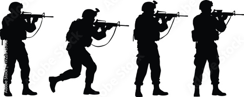 Military soldiers silhouette set, armed army troops aiming rifles in tactical combat positions isolated on white background illustration