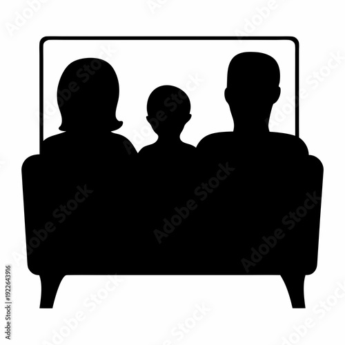 Silhouette of a family of three sitting on a couch watching television