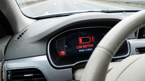 Close-up interior view of a modern electric vehicle dashboard displaying a low battery warning and remaining range on a highway