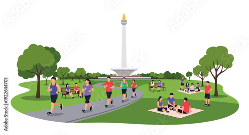 People Exercising and Relaxing in City Park with Monas Jakarta Monument, Flat Vector Illustration of Urban Lifestyle
