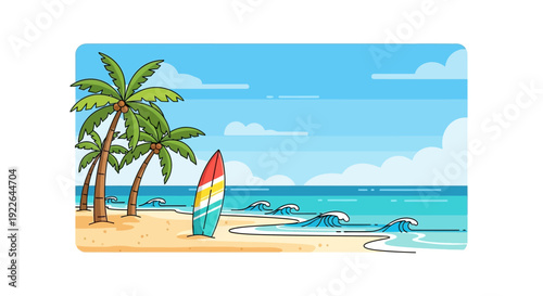 Tropical Summer Beach Landscape with Surfboard Palm Trees and Blue Ocean Background