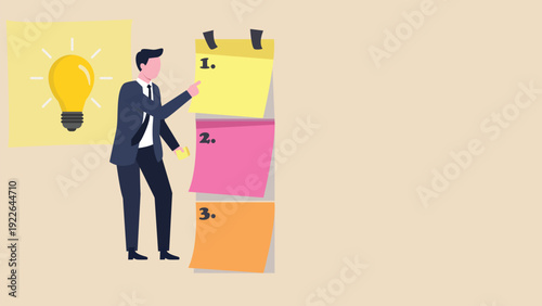 business man holding a blank board | Set work priority, arrange to do list which job to do before and after, task management concept, young entrepreneur businessman manage to prioritize sticky note 
