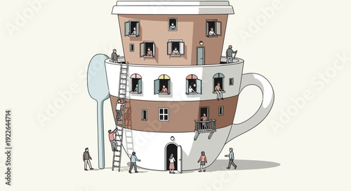 Surreal Concept Illustration of a Coffee Cup Apartment Building with Tiny People Living Inside