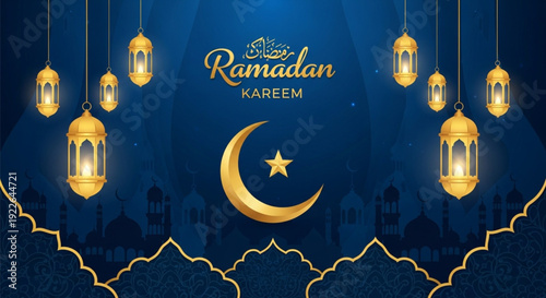 Golden Ramadan Lanterns and Mosque on Blue Islamic Background