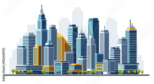 Modern City Skyline Illustration with Blue Skyscrapers and Urban Architecture Background