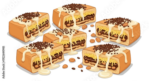 Illustration of assorted pastries with chocolate and cream toppings arranged in a neat cluster