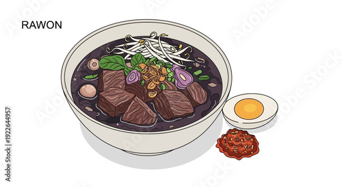 A bowl of rawon with beef, egg, and spices served in a bowl with a side of chili paste