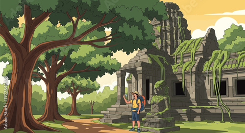 A person with a backpack exploring ancient ruins.