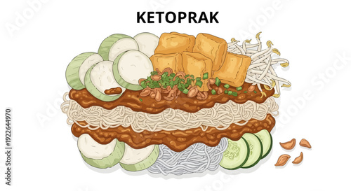 Illustration of Ketoprak, a traditional dish with noodles, tofu, and vegetables, presented from a top-down viewpoint
