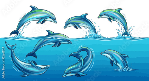 Group of dolphins jumping and playing in the ocean, illustration from a side viewpoint, showcasing their aquatic environment