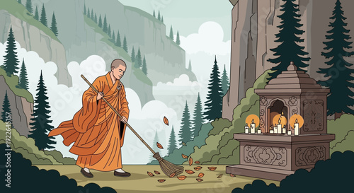 Buddhist monk sweeping fallen leaves with a broom.
