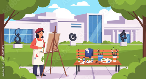 Female artist painting outdoors with easel and art supplies.