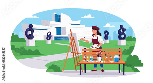 Female artist painting outdoors on an easel with art supplies.