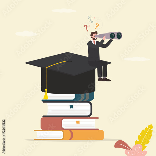 Businessman sitting on graduation hat and using binoculars to spot an opportunities with higher education. Vision for discovering new solution or idea, curiosity