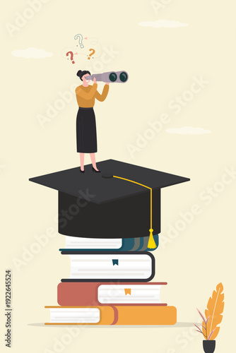 Smart woman standing on graduation hat and using binoculars to spot an opportunities with higher education. Vision for discovering new solution, idea, curiosity.