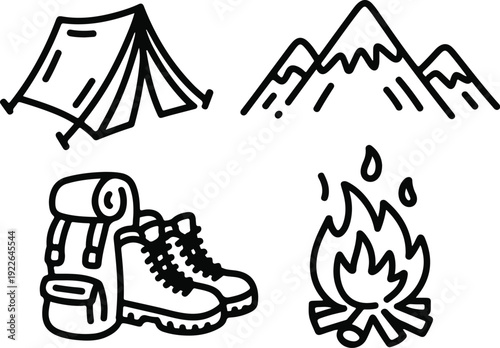 Camping icons vector illustration set with sketch silhouettes and doodle symbols