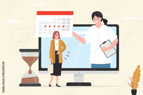 Woman talks online with a gynecologist about her period and menstruation. Dysfunctionality, painful menstruation. Women health, medicine and treatment.