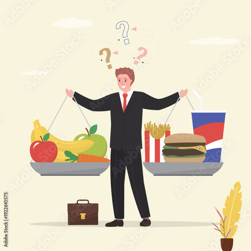 Healthy food or junk food. Male character deciding what to choose as a snack. A difficult choice for a modern person. Apple fruit or hamburger.