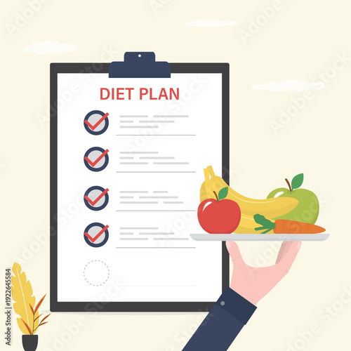Diet plan. Human hand holding tray with fruits and vegetables. Concept of dietary eating, meal planning. Healthy eating, proper nutrition. Nutritionist with a clipboard.