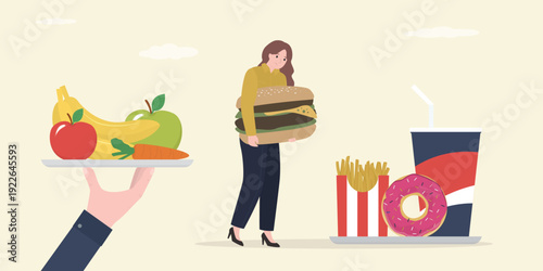 Woman with fast food addiction. Bad habit. Female character deciding what to choose junk food as snack. Difficult choice for modern person - diet plan or hamburger