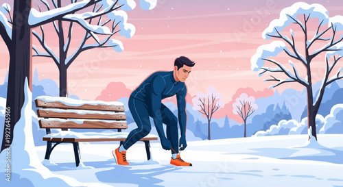 Man preparing for a winter run tying shoelaces in cold weather.