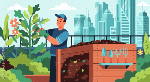 Man tending to a compost bin and garden.