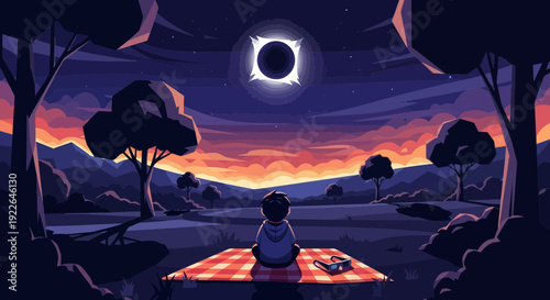 Person sitting on a blanket observing the celestial event.