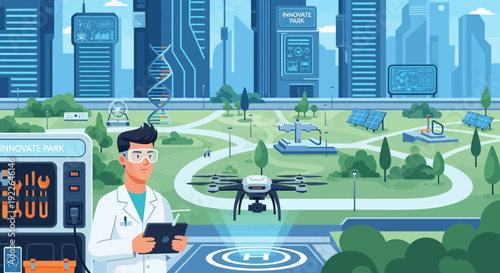 Scientist operating drone in futuristic urban park.